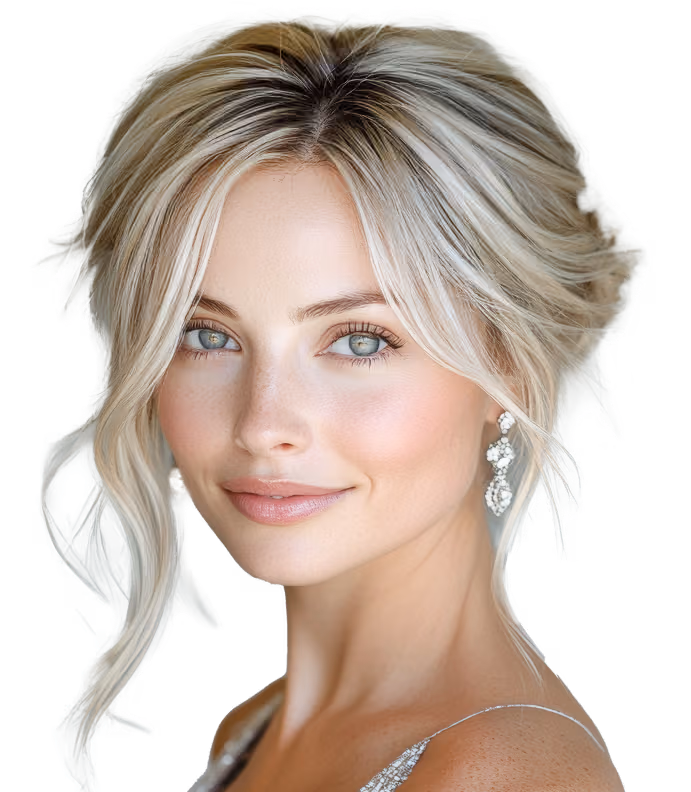 Blondynka patrzy przed siebie i ma lekki uśmiech